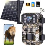 AUOSHI Trail Game Camera Solar Powered , 4G LTE Cellular WIFI Bluetooth 4K 48MPwith Night Vision , Dual Lens Security Camera Built-in SIM Card,0.5s Trigger Motion Activated Waterproof 120°Wide Angle